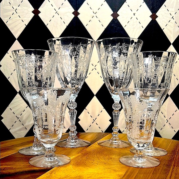 Set of 6 Etched Fostoria Crystal Goblets – Graduated Heights – Elegant - Picture 1 of 12